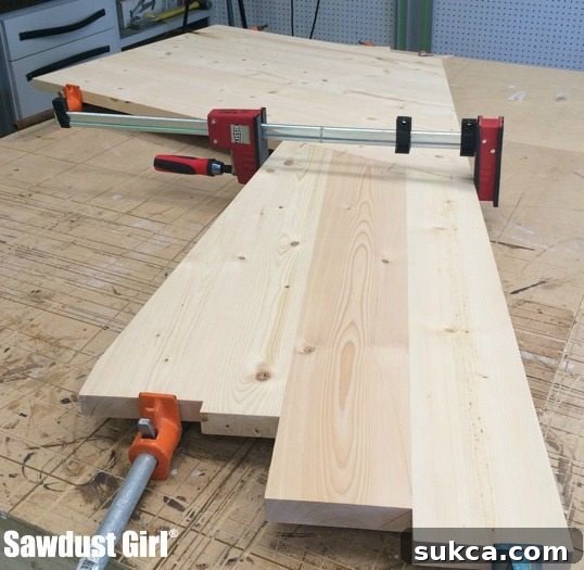 The final joint of the wood countertop being prepared for a precise cut.