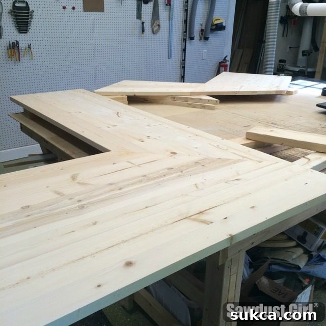The raw wood countertop sections in the workshop, ready for the final finishing process.