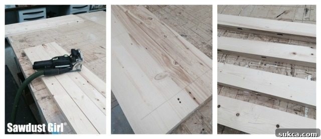 Applying wood glue and inserting Dominos for strong, flush countertop joints.