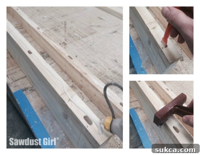 Detailed view of wood glue application and Domino insertion during countertop construction.
