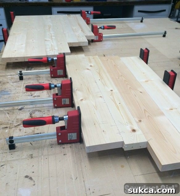 A completed, glued-up wood countertop section, ready for tracing and cutting.