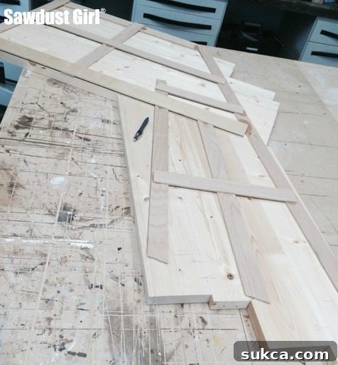 Tracing the template outline onto a glued-up wood countertop section for precise cutting.