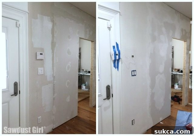 Progress shot of skim coating to smooth out rough wall texture and achieve a refined finish