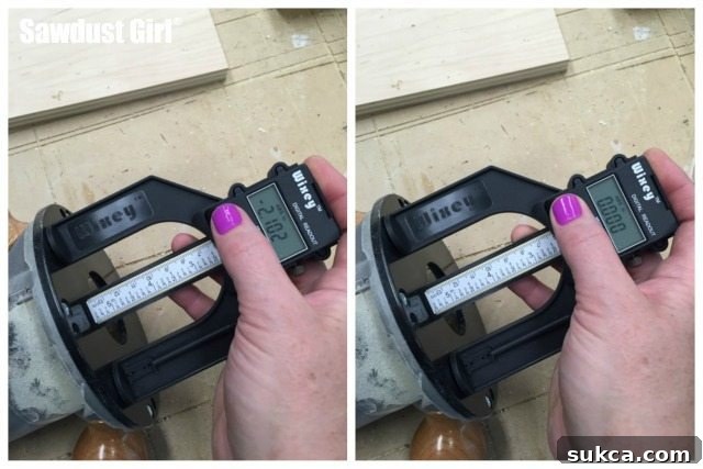 Zeroing the digital height gauge for accurate readings Calibrating a digital height gauge on a router plate