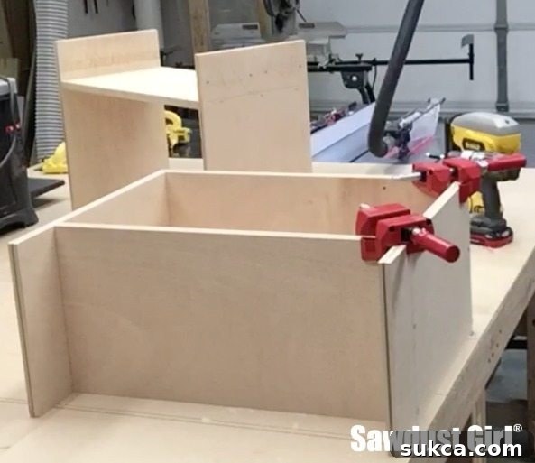 Close-up of Bessey Angle Clamps in use on a woodworking project.