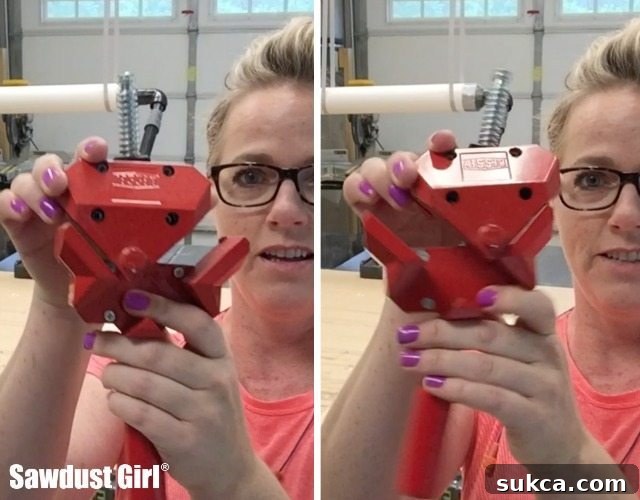 Bessey Angle Clamp demonstrating its ability to hold materials of different thicknesses.