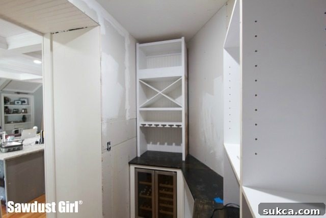 Two individuals carefully carrying a large, finished pantry cabinet into a house, emphasizing teamwork in DIY.