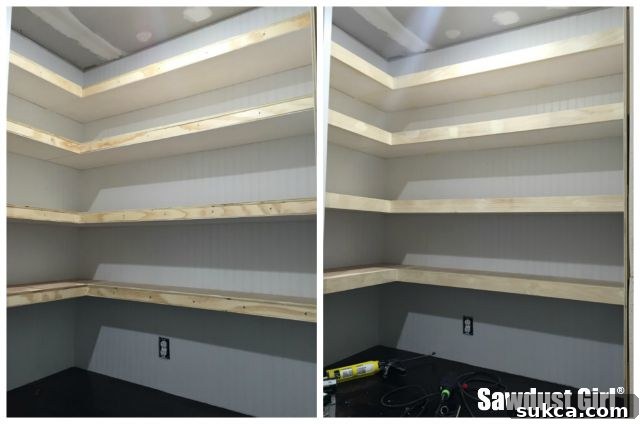 Wrapped Floating Shelves with Poplar Faces Finished floating shelves with plywood tops and bottoms, and poplar face pieces, showcasing the seamless, floating aesthetic before final painting.