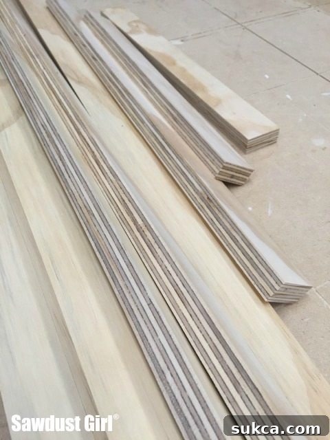 Assembling Plywood Ribs for Shelves Close-up of ¾” plywood ribs being assembled with wood glue and screws, forming the internal structure of the floating shelves.