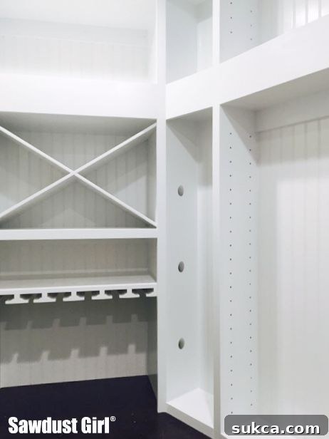 Completed Pantry Corner with Elegant Vertical Wine Rack and Cabinetry