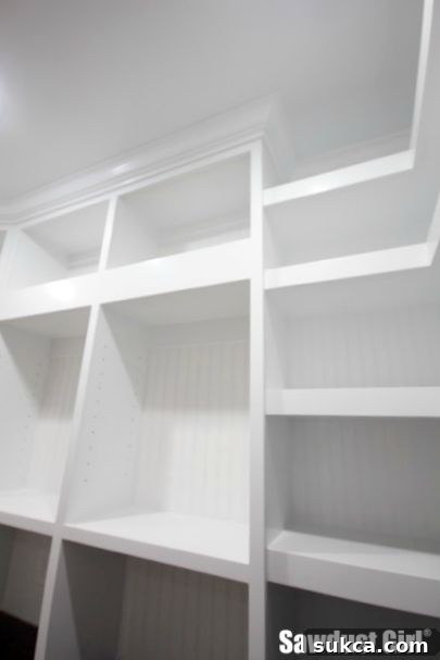 Beautifully transformed pantry interior Finished pantry with elegant crown molding
