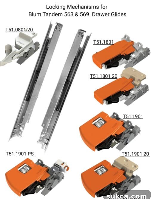 Constructing Drawers for Blum Tandem Slide Systems 2 Blum Tandem drawer runners with their corresponding locking devices, essential for secure drawer installation.