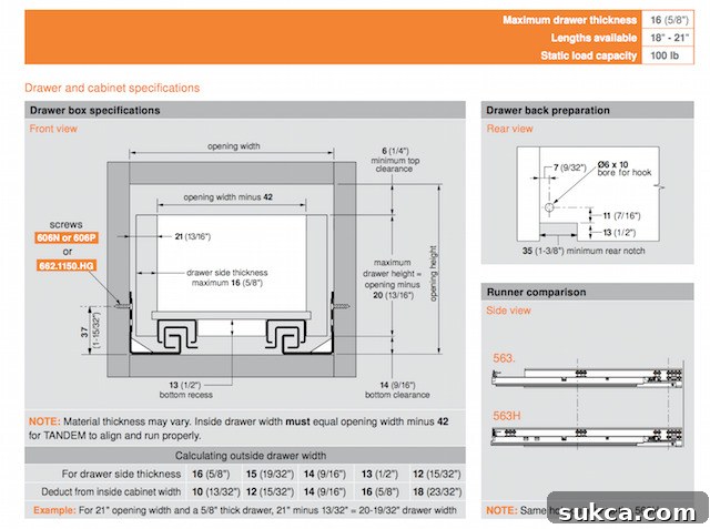 Constructing Drawers for Blum Tandem Slide Systems 5 Blum diagram illustrating how to calculate the drawer box width based on the cabinet opening and material thickness for Tandem plus Blumotion 563 drawer glides.