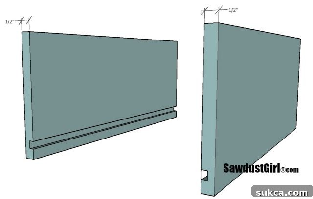 Constructing Drawers for Blum Tandem Slide Systems 6 Detailed illustration of how to measure and cut drawer components for Blum drawer glides, showing side and front/back panel relationships.