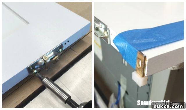 Attaching robust door rollers and hangers to the top edge of the primed pantry doors.