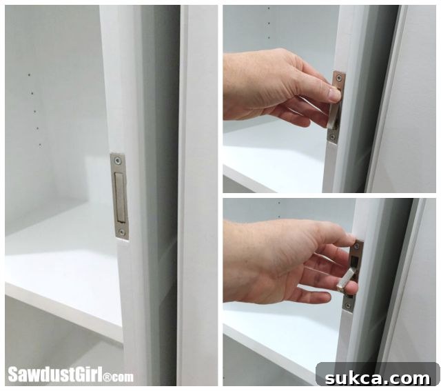 Installed recessed door pull on the pantry pocket door, showcasing seamless integration with the door surface.