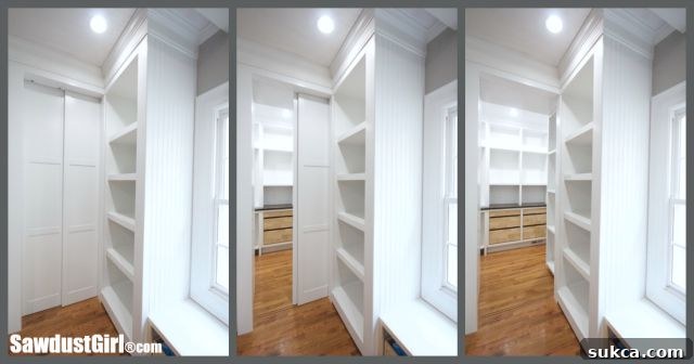 Final view of the DIY sliding pocket doors for the pantry, showcasing the seamless cabinet look when closed.