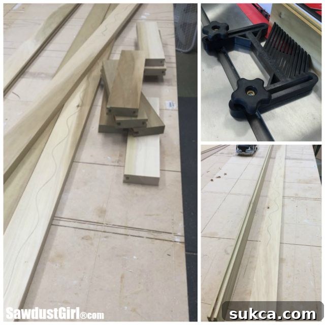 Cutting precise grooves for the panel insertion in tall pantry door stiles using a dado blade.