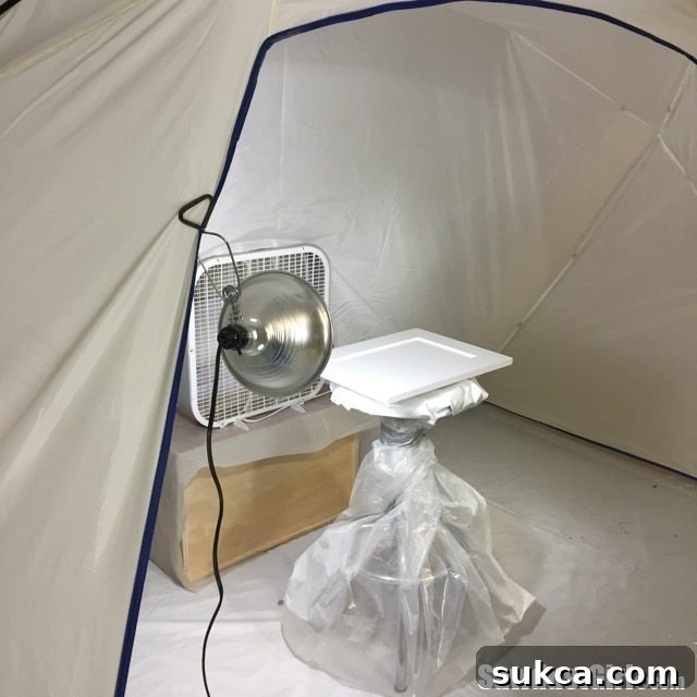 Close-up of the angled work light inside the spray booth, demonstrating its strategic placement for enhanced visibility of paint coverage.