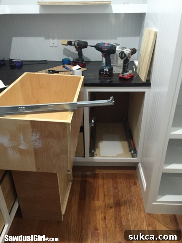 The problematic heavy-duty drawers removed from the cabinet