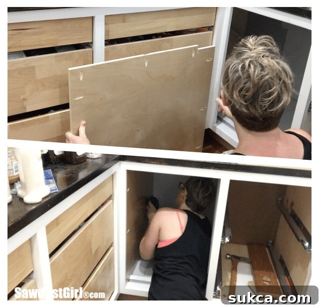 False side installed to block off the blind corner cabinet, secured with pocket hole screws