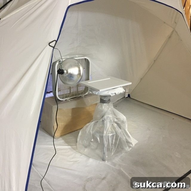 Spraying Cabinet Fronts First coat of paint being applied to the front of a cabinet door using an airless sprayer in a dedicated spray tent