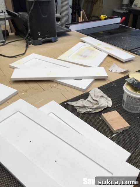 Wood Patch Application Applying wood patch to a cabinet door to fill misplaced holes and imperfections, ensuring a smooth finish
