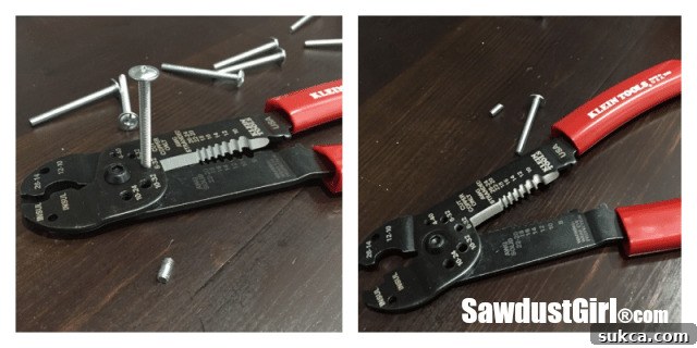 Using bolt cutters to trim drawer pull screws to the correct length