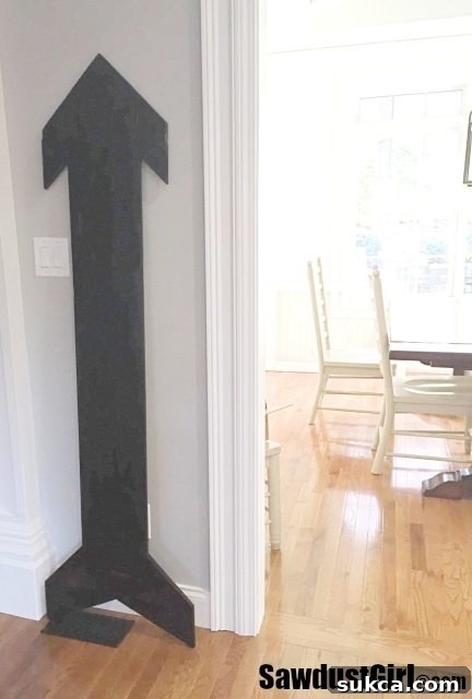 Giant Pallet Wood Arrow Final Look Extra large wood arrow made from reclaimed pallets, ready for display