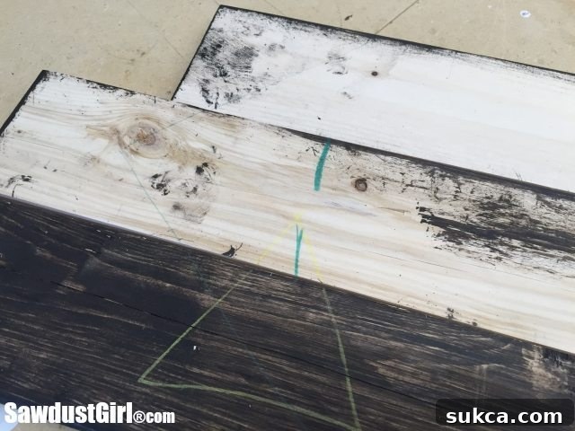 Marking Pocket Hole Locations Color-coded chalk markings for pallet wood arrow assembly