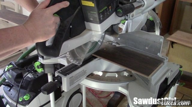 Cutting laminate flooring planks with a miter saw