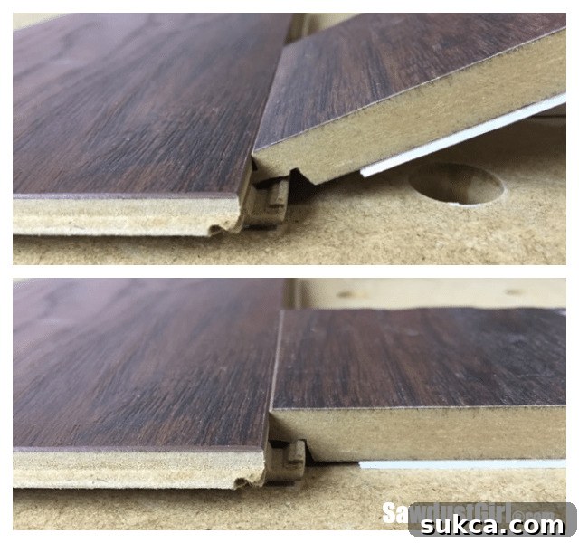 Demonstration of locking Pergo laminate flooring planks