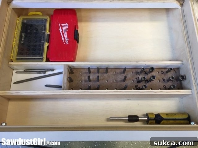 Drawer storage and organizer for driver bits.