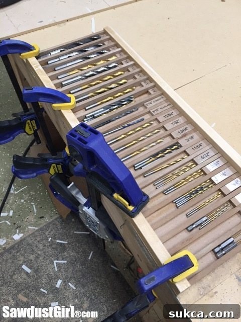 Completed Drill Bit Organizer in Drawer