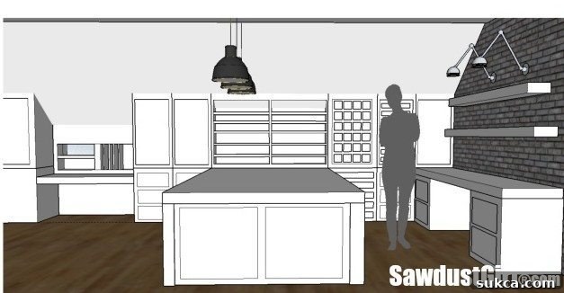 Feature wall with integrated desk in craft room