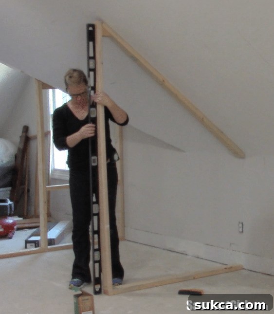 Framing a closet around wonky angled ceilings - Checking the plumb of a framed stud