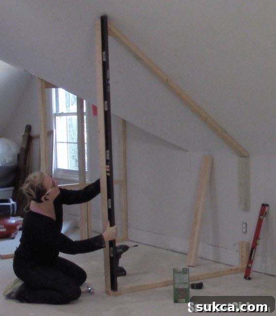 Building a closet around wonky angled ceiling - Framing around an existing electrical outlet