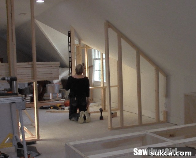 The makings of a closet - View of the angled wall framing from another perspective