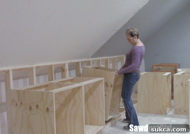 Cabinet Trial Placement Cabinets temporarily placed on the new base against the false wall for a trial fit