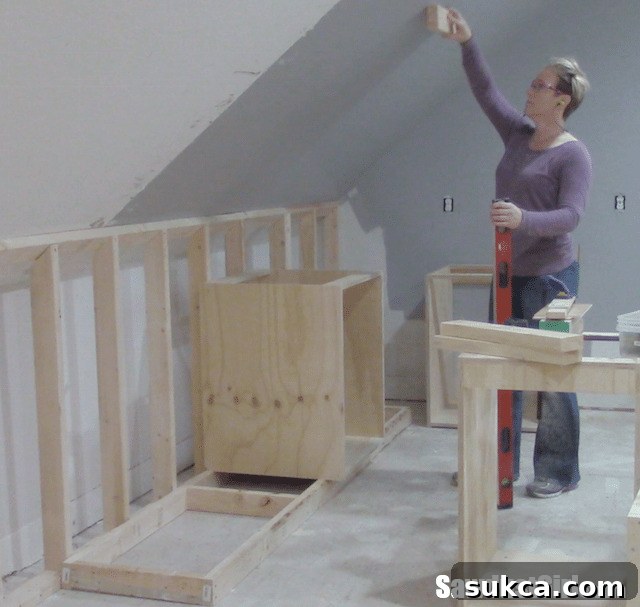 Wall Adjustment Decision Adjusting the false wall position to gain more height for upper cabinets in the craft room