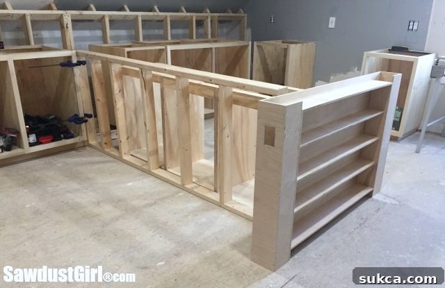 Custom Craft Island Cabinets Ready for Countertops in a Home Studio