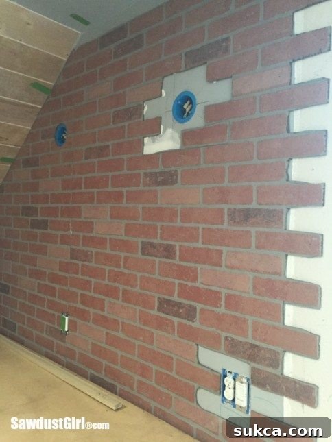 Faux brick and plaster wall