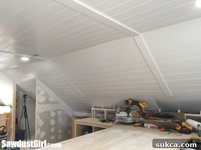 Studio ceiling transformation Beautifully finished plywood plank ceiling in a studio