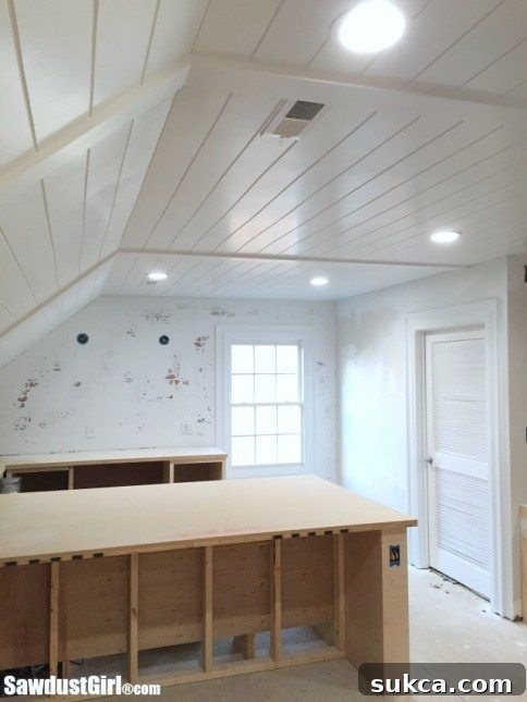 Proudly completed ceiling project Final triumphant shot of the DIY V-Groove Plywood Plank Ceiling