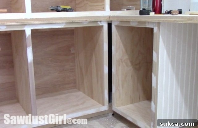 Initial placement of the faceframe filler for the corner cabinet, showing alignment