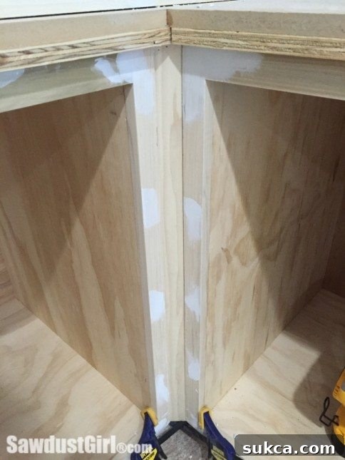 Clamps holding the faceframe filler firmly in position before final securing