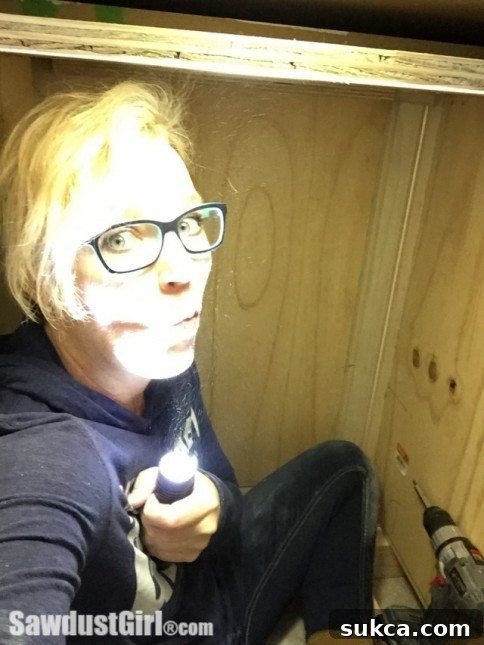 Humorous graphic depicting facing the unknown elements within a cabinet's hidden space