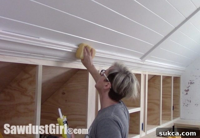 Final painted crown molding on angled ceiling