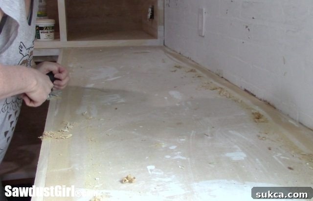 Scraping glue from countertops.