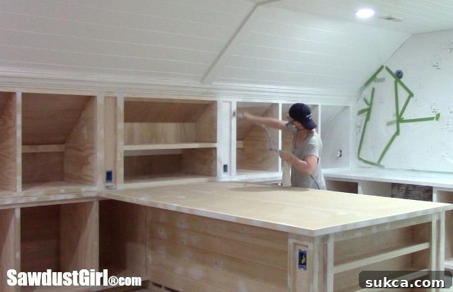 White Painted Craft Room Cabinets and Countertops